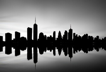 Black and white silhouette of city skyscrapers mirrored in calm water, building, tranquil