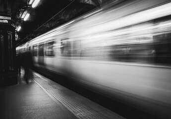 Black and white photo of train in motion.