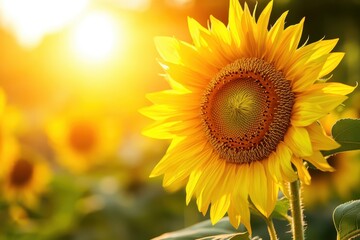 Fototapeta premium Sunflower basking in warm, golden sunlight at sunrise.