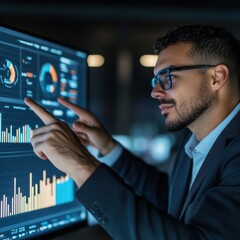 Business Professional Analyzing Data on Digital Screen in Office
