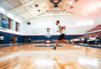 Blurred motion of a basketball player sprinting across a hardwood court during a game, running, sprint