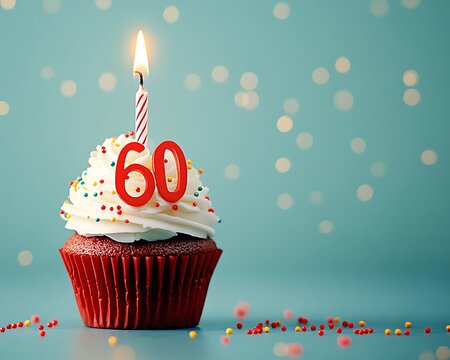 60th Birthday cupcake with candle and confetti