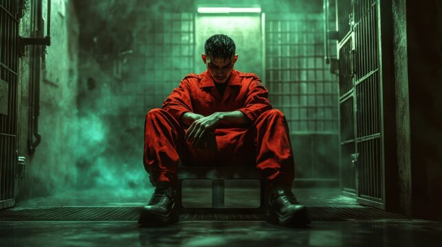 Guard in red overall, positioned in futuristic prison scene.