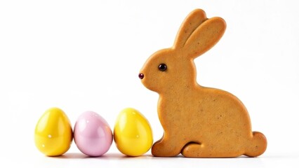 Easter bunny cookie with colorful eggs on white background
