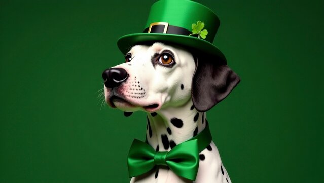 Dalmatian in green hat celebrating st. patrick's day with festive bow tie and shamrock