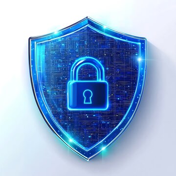 Futuristic Blue Shield with Glowing Padlock Cyber Security Concept Illustration