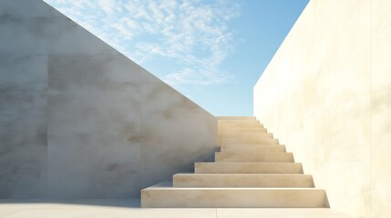 Modern beige stone staircase ascending towards a bright sky between high walls.