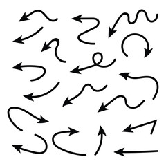 Set of black hand drawn arrow element vector. Collection of doodle arrows, lines, symbol, pointing mark, shapes on white background. Simple icon illustration for education, decoration, map in eps 10.