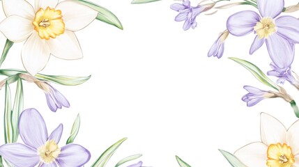 White and purple daffodils and small blue flowers creating a frame on white background