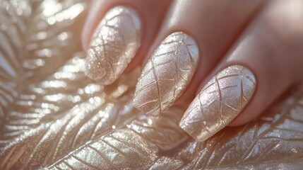 Golden leaf-patterned nails on a leaf background