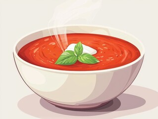 A steaming bowl of vibrant tomato soup garnished with fresh basil leaves and a touch of cream, embodying warmth and comfort.