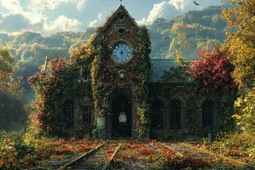 Naklejka premium Overgrown brick station with clock, autumn leaves covering tracks, nature reclaiming architecture.