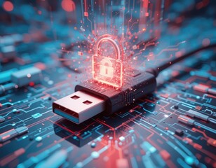 Data blocker concept. A USB connector surrounded by a glowing digital lock, symbolizing cybersecurity and data protection in a vibrant tech-themed background.
