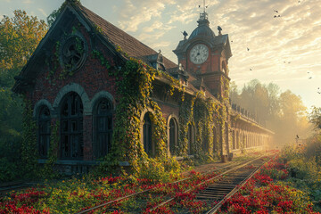 An abandoned brick train station, overgrown with ivy, stands serene beside railway tracks bathed in morning light.