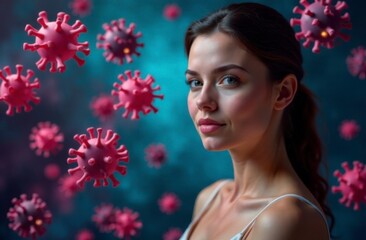 Naklejka premium Young caucasian female amidst floating virus models on blue background