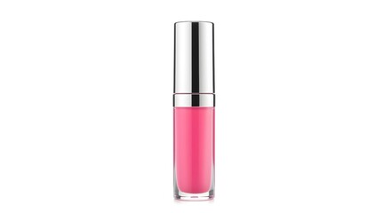 Glossy pink lip gloss in clear tube. Minimalistic, elegant packaging focuses on a shimmering cosmetic product designed for refined, everyday use isolated on a white background.


