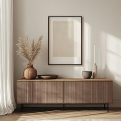 A wooden cabinet with a black frame and a white curtain. A vase with brown flowers on the left side of the cabinet. A bowl on the right side of the cabinet