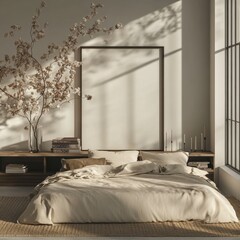 A white bed with a white comforter and a white pillow. A vase with flowers on a shelf next to the bed