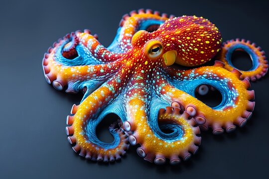 Colorful octopus amidst a surreal ocean setting featuring unusual marine life art