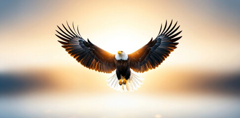 Obraz premium An eagle spreads its powerful wings wide while flying against a stunning sunrise backdrop. The warm colors of the sky highlight the bird's impressive size and grace in flight.