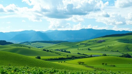 Fototapeta premium Serene Rolling Hills Landscape Under a Summer Sky