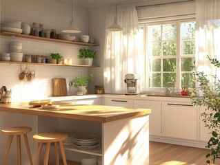 Fototapeta premium A kitchen with a wooden counter and a window. There are several potted plants in the room