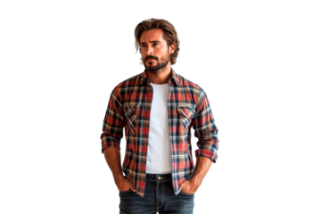 Stylish man in plaid shirt poses confidently with hands in pockets