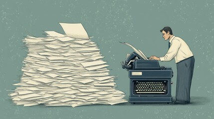 Man types amidst mountain of paperwork