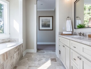 Fototapeta premium A bathroom with a white sink and a white bathtub. The bathtub is next to a white wall