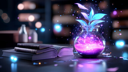 Glowing Plant in a Magical Potion Bottle on a Bookshelf