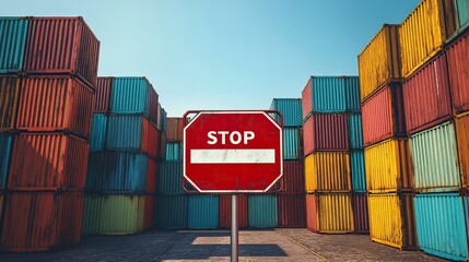 A vibrant scene featuring colorful shipping containers stacked around a prominent red stop sign under a clear blue sky.