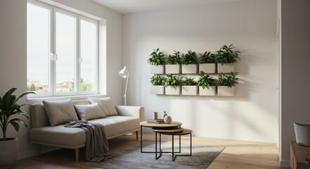 Fototapeta premium Sofa in Bright Living Room with Vertical Garden and Natural Light