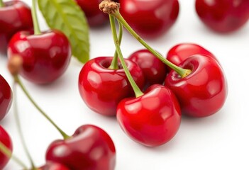 Close-up of glistening red cherries on a white background , photography, stock photo