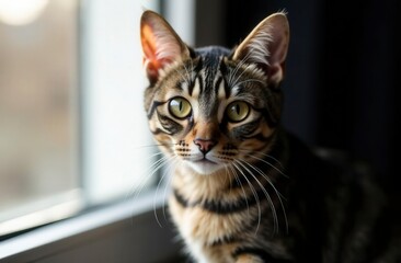 Naklejka premium Close-up of a bengal cat with striking green eyes near a window