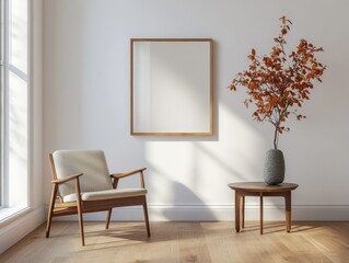 A white chair is in front of a white wall. A vase with a plant in it is on a wooden table