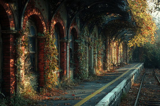 Overgrown autumnal train station platform, sunlight streams through ivy-covered brick arches. - Powered by Adobe