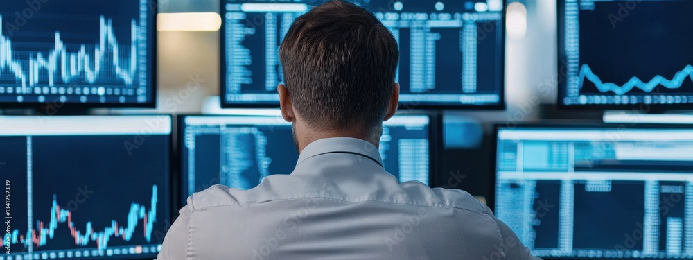 Poster professional man analyzing data on multiple computer screens