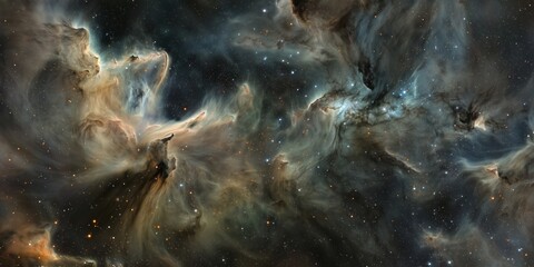 Fototapeta premium Blue and gray nebula with wispy clouds in space. Cosmic dust formation with faint stars. Deep space scene with soft blue tones. Ethereal structure in dark interstellar void.