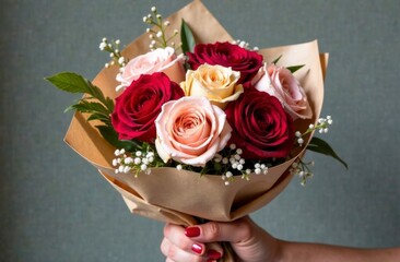Elegant bouquet of red and pink roses with foliage and fillers
