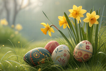 Easter Eggs and Daffodils on a Warm Sunny Day