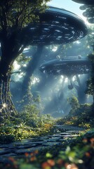 Obraz premium A mystical forest scene with futuristic structures blending nature and technology.