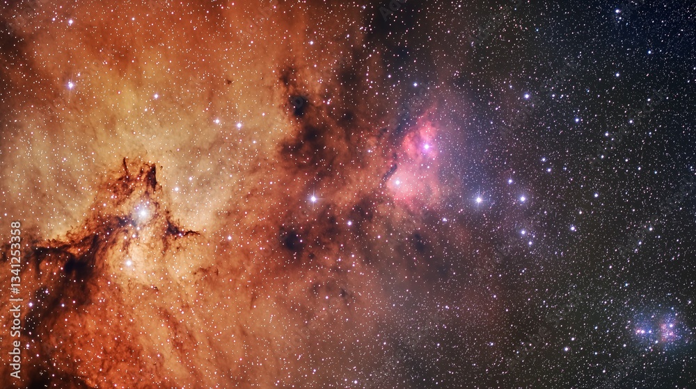 Wall mural cosmic nebula with orange and purple clouds in space. star cluster in glowing interstellar dust. dee