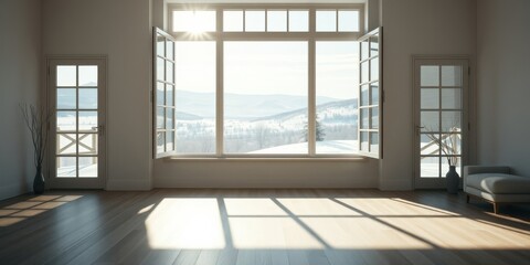 Fototapeta premium Bright sunlit room with hardwood floor, snowy landscape view from open windows and French doors