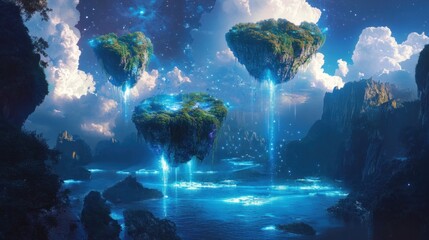 Enigmatic floating islands cascade ethereal light into an alien landscape