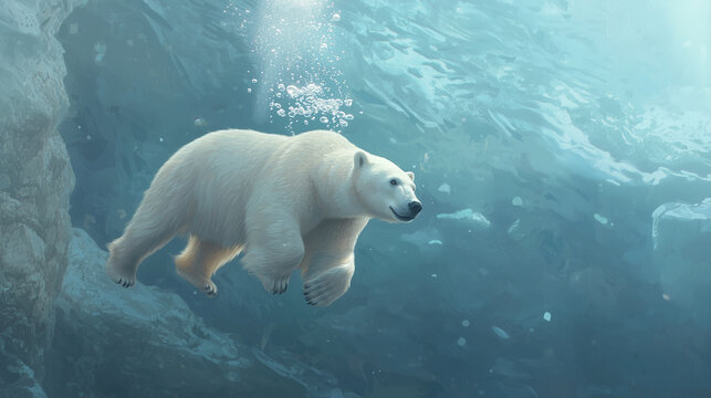 A polar bear swimming in an icy underwater habitat - Powered by Adobe