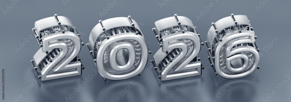 Fototapete the new technological year of 2026: 3d digits, designed in a modern steampunk style, forming the num