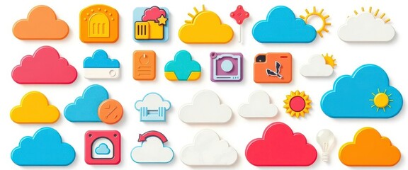 Obraz premium Collection of diverse cloud computing icons, isolated on white, web, white background