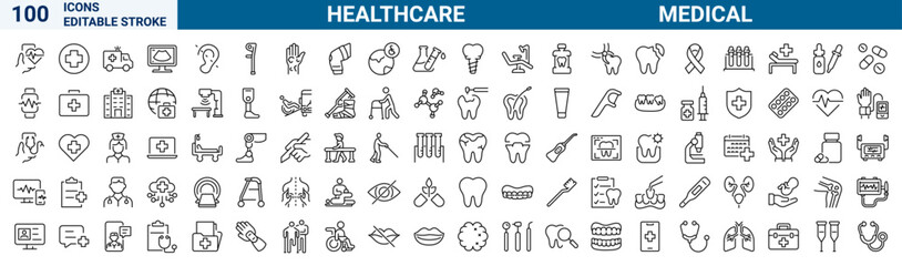 Set of 100 line icons healthcare medical. Medical care. Dermatology, gynecology, oncology, dentistry. Sports and fitness, Editable stroke Vector illustration. Outline icon collection