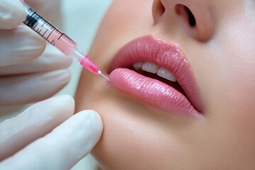 Close-up of lip injection procedure by gloved hands.