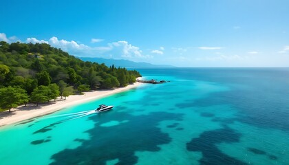 Luxury Yacht Cruising Clear Tropical Water Near Island Beach on Sunny Day